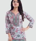 Cream printed crepe short-kurtis