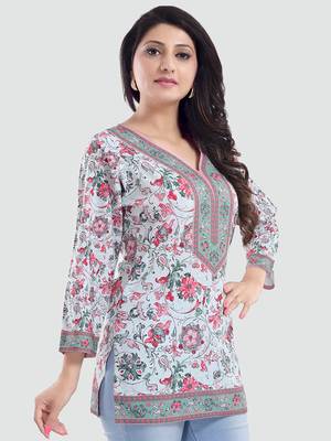Cream printed crepe short-kurtis 2