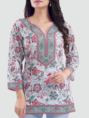 Cream printed crepe short-kurtis 4