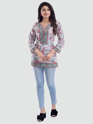 Cream printed crepe short-kurtis 5