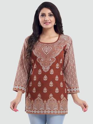 Brown printed crepe short-kurtis 1