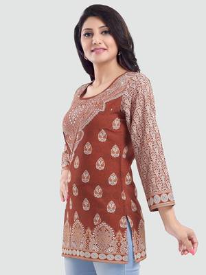Brown printed crepe short-kurtis 2