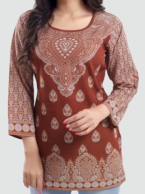 Brown printed crepe short-kurtis 4