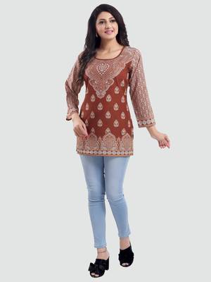 Brown printed crepe short-kurtis 5