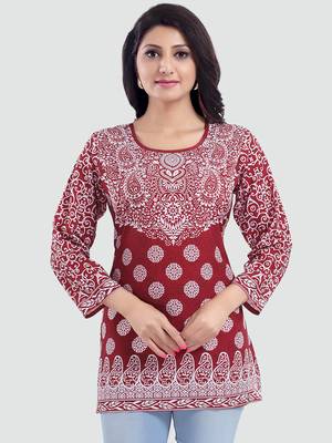 Red printed crepe short-kurtis 1