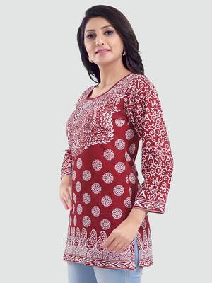 Red printed crepe short-kurtis 2