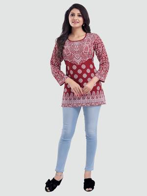 Red printed crepe short-kurtis 5