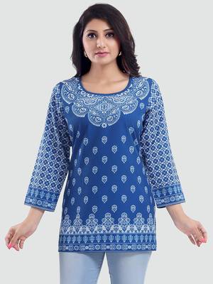 Blue printed crepe short-kurtis 1