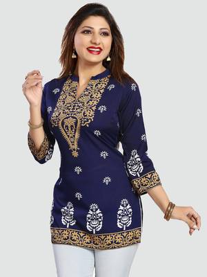 Blue printed crepe short-kurtis 1