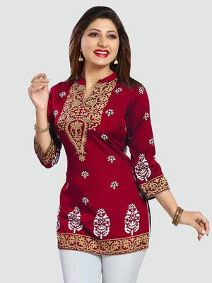 Red printed crepe short-kurtis 1