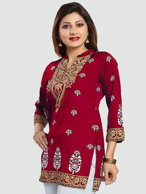Red printed crepe short-kurtis 2