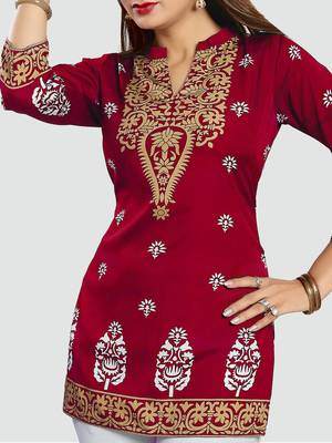 Red printed crepe short-kurtis 4