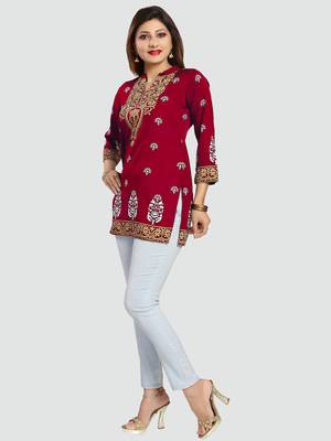 Red printed crepe short-kurtis 5