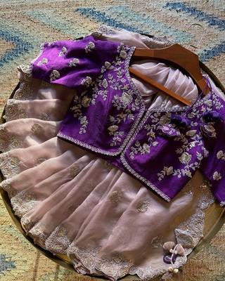Peach embroidered georgette saree with blouse 1