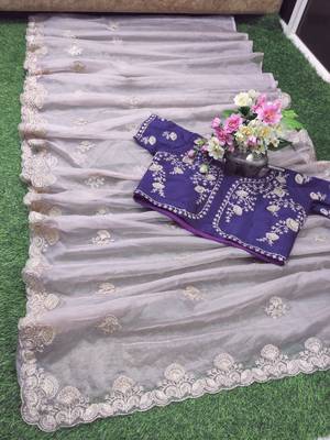 Peach embroidered georgette saree with blouse 3