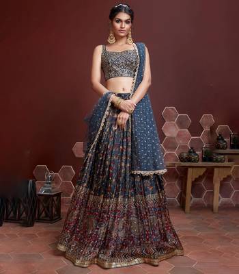 blue silk bandhani lehenga set choli with dupatta with zari work 1