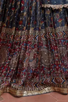 blue silk bandhani lehenga set choli with dupatta with zari work