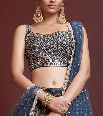 blue silk bandhani lehenga set choli with dupatta with zari work 4