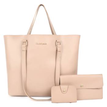 Beige Structured Solid Shoulder Tote Bag with wallet pouch and card holder 1