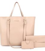 Beige Structured Solid Shoulder Tote Bag with wallet pouch and card holder