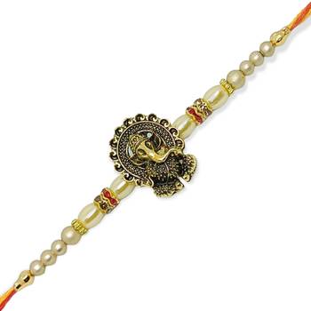 Dholak Ganesh ji Gold and Rhodium Plated Alloy Rakhi for Lovely Brother  [VFJ1134RKG] 1