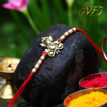 Lord Avighna Ganesh Gold Plated Alloy Rakhi for Lovely Brother  [VFJ1143RKG ] 2