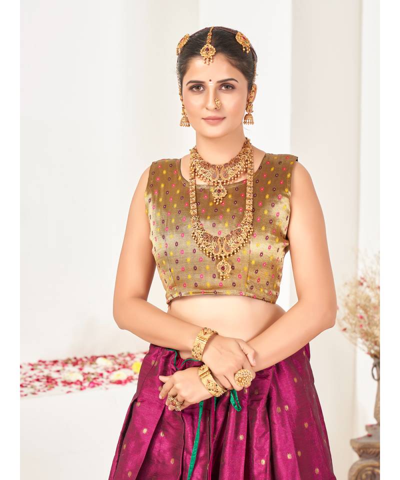 Dark Pink Banarasi semi stitched Lehenga & Unstitched Blouse With Dupatta