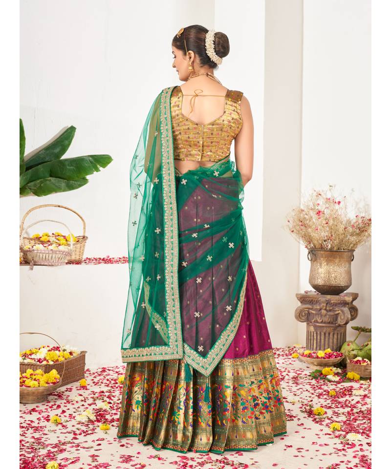 Dark Pink Banarasi semi stitched Lehenga & Unstitched Blouse With Dupatta