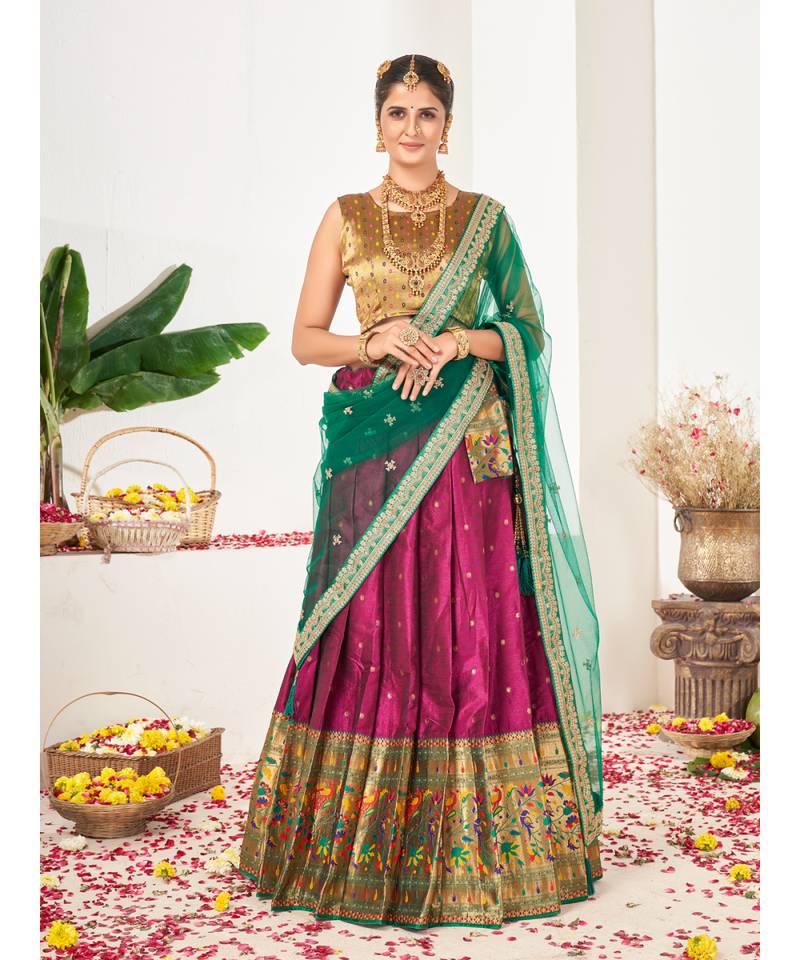 Dark Pink Banarasi semi stitched Lehenga & Unstitched Blouse With Dupatta