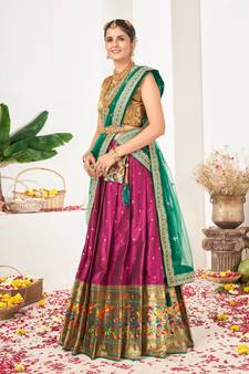 Dark Pink Banarasi semi stitched Lehenga & Unstitched Blouse With Dupatta