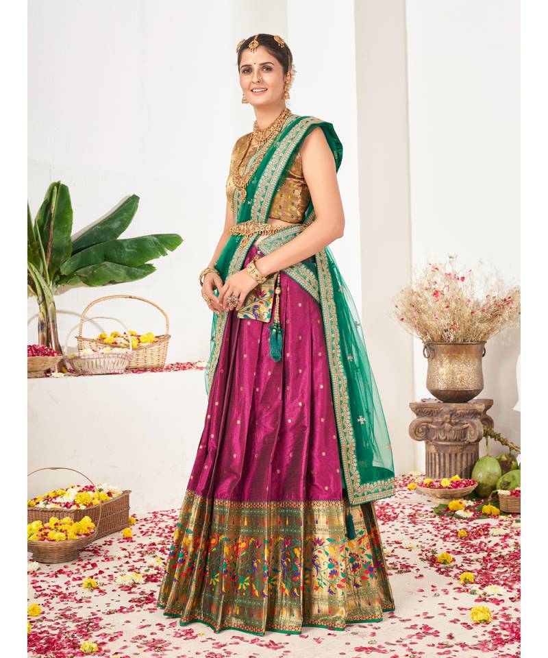 Dark Pink Banarasi semi stitched Lehenga & Unstitched Blouse With Dupatta