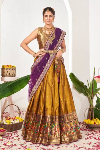 Mustard Yellow  Banarasi semi stitched Lehenga & Unstitched Blouse With Dupatta