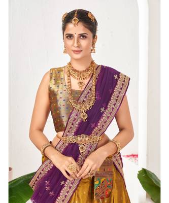 Mustard Yellow  Banarasi semi stitched Lehenga & Unstitched Blouse With Dupatta 3