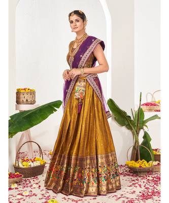 Mustard Yellow  Banarasi semi stitched Lehenga & Unstitched Blouse With Dupatta 4