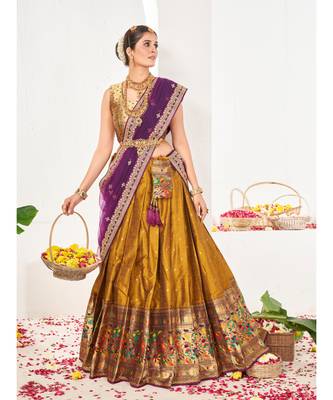 Mustard Yellow  Banarasi semi stitched Lehenga & Unstitched Blouse With Dupatta 5