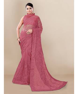 Pink Soft Net saree with blouse piece 1