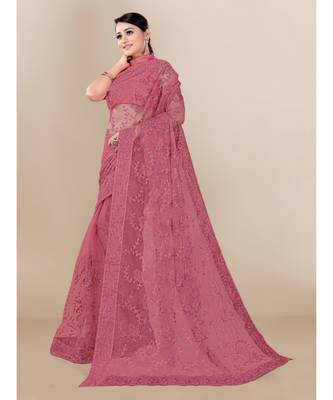 Pink Soft Net saree with blouse piece 2