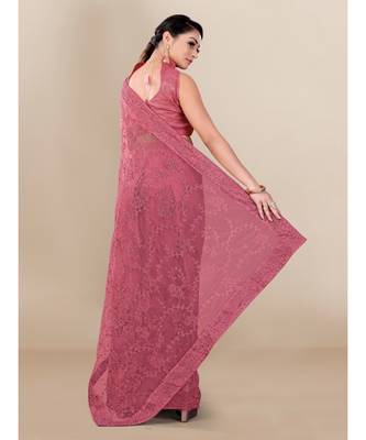 Pink Soft Net saree with blouse piece 3