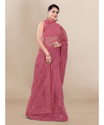 Pink Soft Net saree with blouse piece 4
