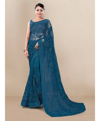 Blue Soft Net saree with blouse piece 1