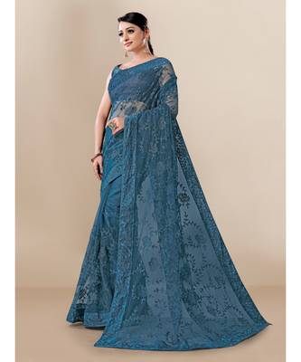 Blue Soft Net saree with blouse piece 2