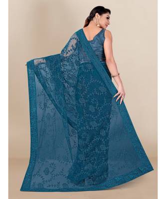 Blue Soft Net saree with blouse piece 3