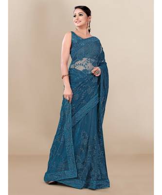 Blue Soft Net saree with blouse piece 4