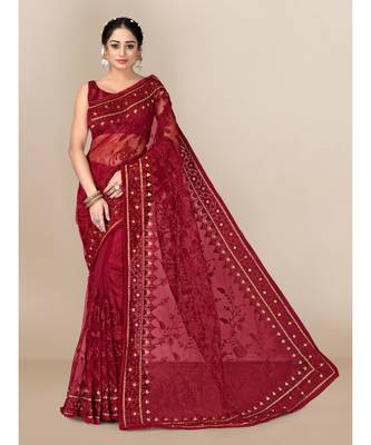 Red Soft Net Saree With Blouse Piece 1