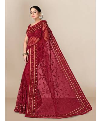 Red Soft Net Saree With Blouse Piece 2