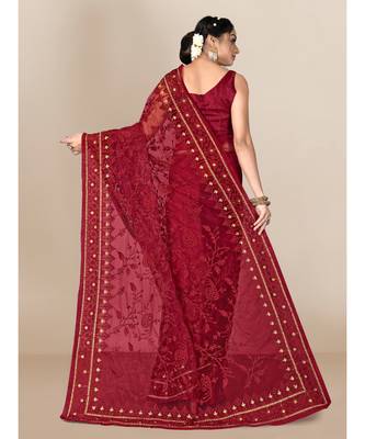 Red Soft Net Saree With Blouse Piece 3
