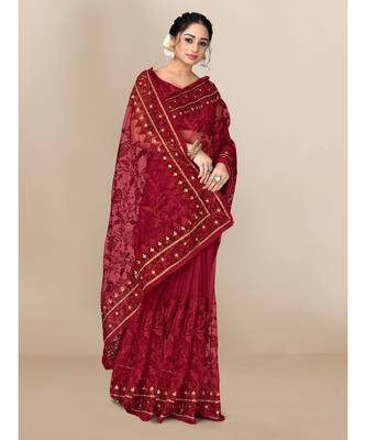 Red Soft Net Saree With Blouse Piece 4