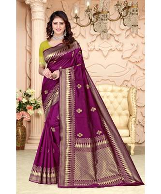 Purple banarasi silk saree with blouse piece 1
