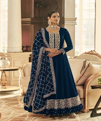 BLUE embroidery georget semi stitch anarkali gowns 1