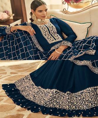 BLUE embroidery georget semi stitch anarkali gowns 2